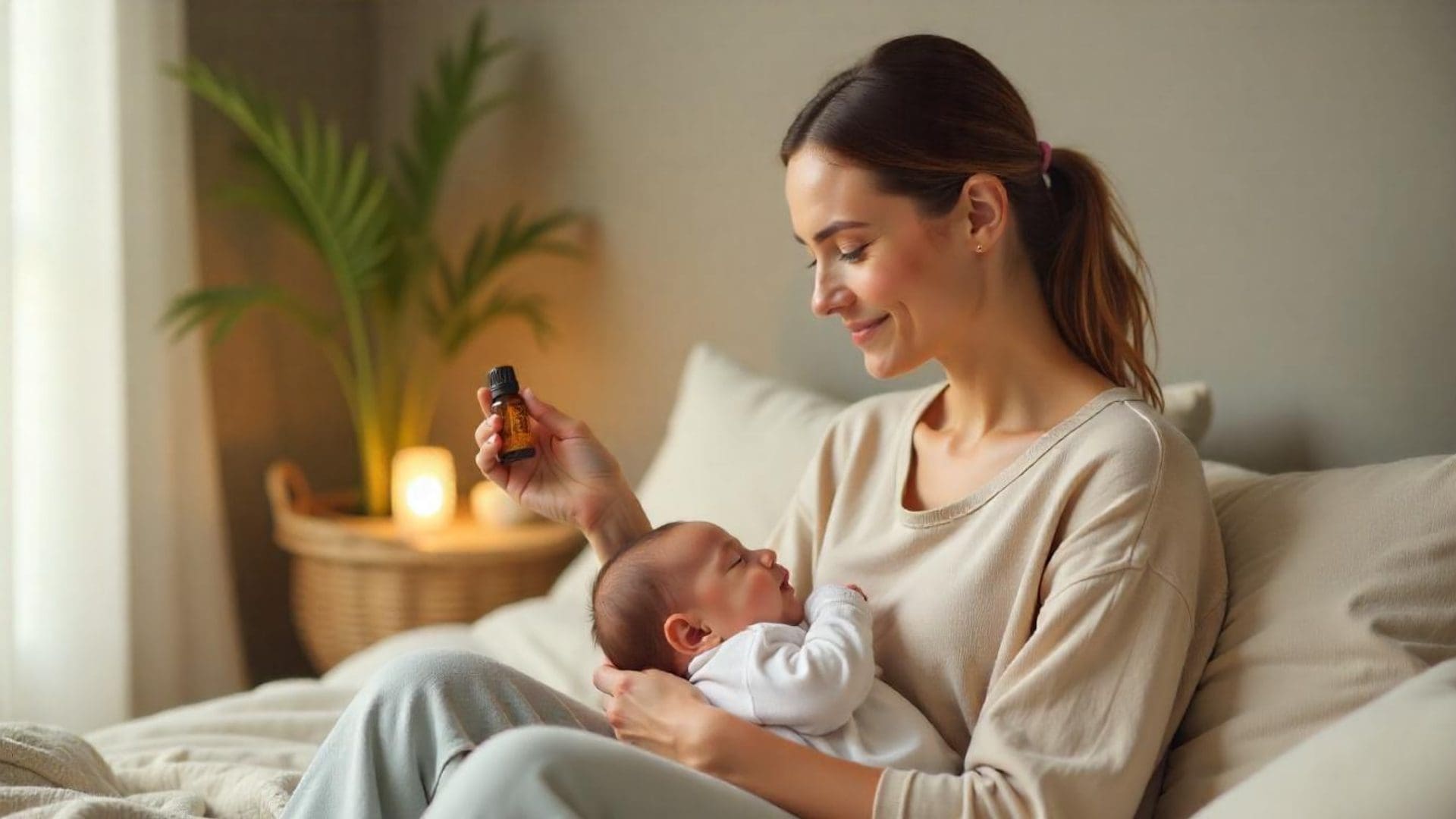 Mãe e bebê com óleo essencial